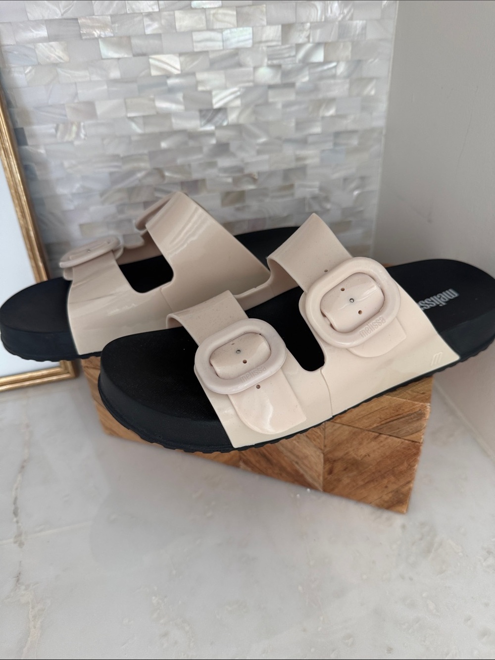 Melissa Two-Buckle Slide Sandals in Pale Beige and Black